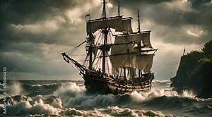 Abstract animation of a pirate ship after a robbery. Sail, sea, captain, deck, mast, ocean, frigate, journey, helm, anchor, water, sailor, waves. Generated by AI