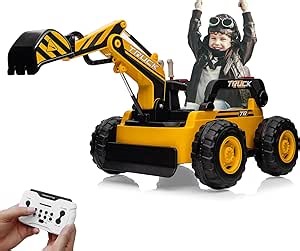 Kids Ride On Excavator Digger Truck with Remote Control & Electric Digging Arm, 12V 10Ah Large Battery, 4x75W Motors,LED Tail Light, Music, USB, Ride Car Toy Xmas Birthday Gift for Ages 3+, Yellow