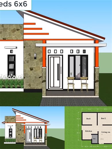 20x20 Small Cottage House Plans 6x6M 2 Beds 1 bath #housedesign #Homedesign #homeplanner #tinyhome #tinyhomedesign #architecturedesign #architect #architecture