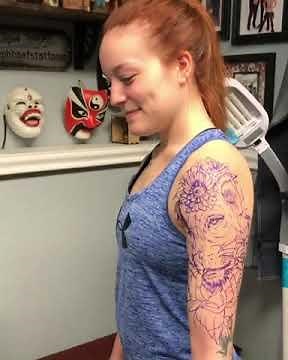 Full Sleeve Lion Tattoo - Girl Getting Arm Sleeve Tattoo