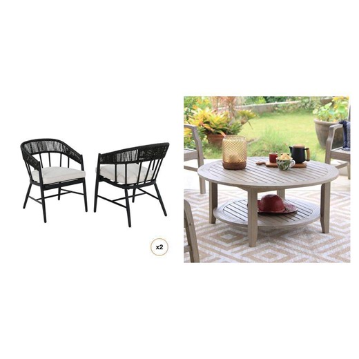Aspenwood Wicker Outdoor Dining Chair with White Cushions (2-Pack) and Weathered Teak Round Coffee Table - The Home Depot