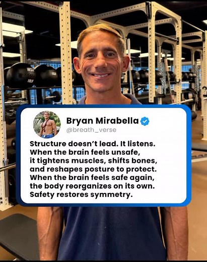 Your structure is never the starting point. Your safety is. When the brain feels threatened, it tightens muscles, shifts bones, and reshapes posture to protect you. When the brain feels safe again, the body releases, reorganizes, and finds symmetry on its own. Safety restores function. Function restores structure. Follow @breath_verse for more brain-first insights on posture, breath, and nervous system coherence. | Quantum Fitness | Facebook
