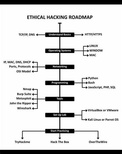 👨‍💻 @Cyberworld_Notes and Awareness 🔐 on Instagram: "“Want to become an ethical hacker but don’t know where to start? 👨‍💻⚡ Here’s the step-by-step ethical hacking roadmap you should follow 👇 🔹 Start with Basics Learn TCP/IP, DNS, and how HTTP & HTTPS work – this is the foundation of hacking. 🔹 Understand Operating Systems Master Linux first, then Windows and macOS. Hackers live in the terminal 🖥️ 🔹 Networking is Mandatory Know IP, MAC, DNS, DHCP, Ports, Protocols & the OSI Model – hack