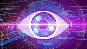Futuristic digital biometric security screening of a human eye. Futuristic tech of virtual cyberspace and internet secure surveillance. Computer vision AI. Data network and cyber security technology