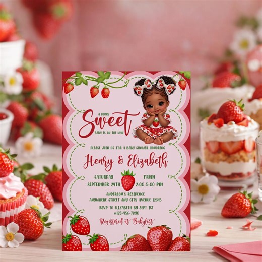 Afro Strawberry Baby Shower Invitation, African American Strawberry Baby Shower Invitation Template, African Princess Baby Shower Invite - Etsy