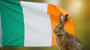A wild Irish hare sits proudly in front of the national flag of Ireland. A symbol of Irish nature and wildlife.