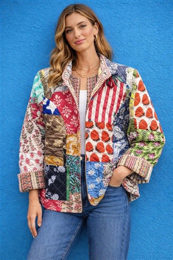 Patchwork Quilted Jacket | Multicolor Floral Cotton Kantha Coat | Handmade Indian Boho Jacket - Etsy