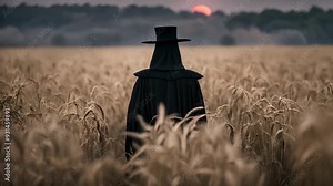 A spectral figure reminiscent of a plague doctor is positioned in the dark cornfield under the night sky. The eerie raven mask reinforces the haunting spirit of Halloween