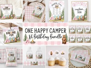 One Happy Camper First Birthday Templates Bundle, Instant Download, Camping Birthday, Girl 1st Birthday, A127 - Etsy