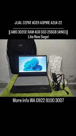 Jual Cepat ACER A314 || AMD 3020E RAM 4GB SSD 256GB 14INCI..Like New Segel LAPTOP ACER ASPIRE A314-22 Kondisi masih segel acer, Like New Mulus, No Minus. Laptop siap pakai Cek sepuasnya!! Highlights: • Desain Modern dengan Narrow Border Display. • RAM & Storage yang bisa diupgrade untuk penyimpanan lebih besar dan performa yang lebih tinggi. • A3020E • 2X Performa lebih baik dibandingkan generasi sebelumnya (A4 series) Spesifikasi: • Prosesor: AMD 3020e (1.2GHz; hingga 2.6GHz; Cache 4M) • Tampil