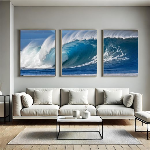 Wind Swept Wave Triptych Wall Art, Azure Ocean Canvas Print, Blue Sea Spray Decor, Surf Art - Etsy