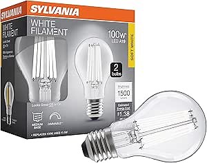 Sylvania A19 Clear LED White Filament Bulb, 11.5W, Dimmable, 1500 LMS, Medium Base, 2700K, Soft White - 2 Pack (42172)
