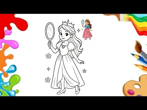 Cute Princess with Mirror Coloring Page | Easy Princess Drawing for Kids | Princess Coloring Book