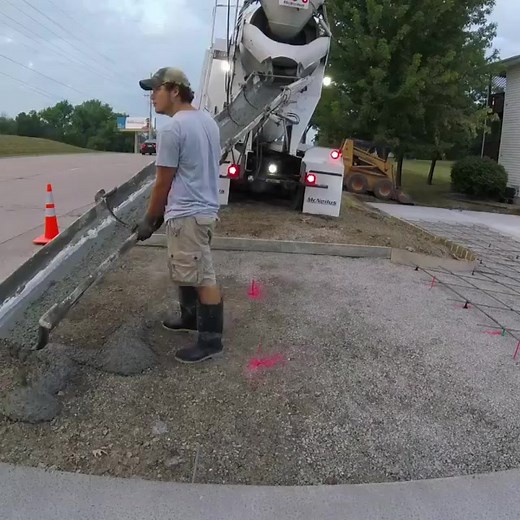 Driveway complete!! I slowed down the time lapse so you can get a better idea of how the stand up (not vibrating) screed works. I can tell I have some doubters out there, just based on some comments I’ve seen. Notice that the screed does not pull water to the surface like a vibrating screed does. And you’ll also notice that it seals right up with the bull float. It’s hard to tell from the video, but there’s 30” of fall in 17’ from the top of the slab to the slab below. This screed let’s us put t
