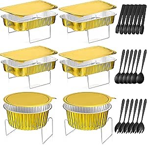 Maxcheck 30 Pcs 6 Sets Disposable Chafing Dishes Buffet Server Food Warmer Chafing Dish Set with Rectangle and Round Chafer Trays, Utensils, Buffet Stand for Parties Events