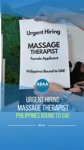 URGENT HIRING: Female Massage Therapist 🚨 We are looking for Filipino female applicants to work in the UAE! 📍 Position: Massage Therapist 📍 Location: UAE 📍 Hiring Company: ABAA ✅ Competitive benefits ✅ Immediate deployment 📲 Apply now via WhatsApp: 971 58 670 3223 Philippines bound to UAE #abaa #dubai #philippines #ofw #massagetherapist #hiringinphilippines Don't miss this opportunity!