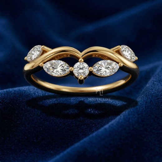 Gold Marquise and Round Diamond Crown Ring, Elegant Stackable Band - Etsy