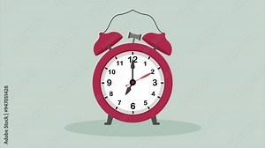 Cartoon style animation showing an red alarm clock ringing at 7:00 AM, with the clock bouncing and vibrating. Waking up, time management, morning rituals concepts. Luma channel, green screen. 4k