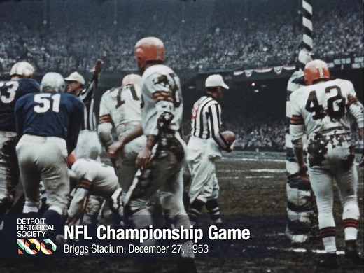 This Feature Friday we take a look at a brand-new addition to our collection—a highlights film from the 1953 NFL Championship Game between the Detroit Lions and the Cleveland Browns played at the Lions’ (and Tigers’) then home, Briggs Stadium. Prior to the merger between the NFL and the AAFC and the advent of the Super Bowl, this was “the big game” of the era. 1953’s Championship Game was a nailbiter, with the Lions leading in the first quarter, the Browns beginning a comeback in the second, and