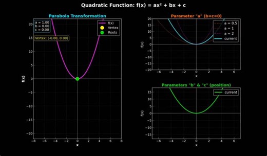 Python and Science on Instagram: "This animation shows how a quadratic curve changes its shape and position as its parameters vary over time. When the curve opens more or less sharply, we see the effect of the parameter that controls curvature. Shifts of the vertex and the entire parabola reveal how other parameters move the graph horizontally and vertically. The appearance or disappearance of the roots highlights when the curve crosses the horizontal axis and when it does not."