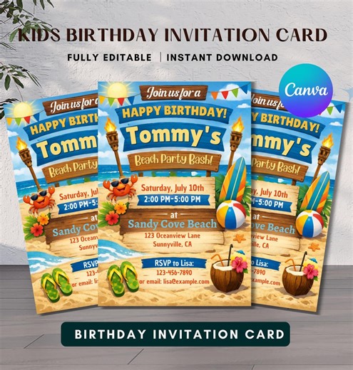 Beach Birthday Invitation, Canva Editable, Summer & Tropical Party Invite, Printable Card