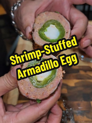 Shrimp-Stuffed Armadillo Eggs 😮‍🔥 Jalapeño. Shrimp. Cheese. Sausage. Bacon. That shrimp tail sticking out tells you everything. Would you glaze these… or leave ’em naked? @Spaceman Test Kitchen #ArmadilloEggs #FoodTok #BBQTikTok #GrillTok #ShrimpTok