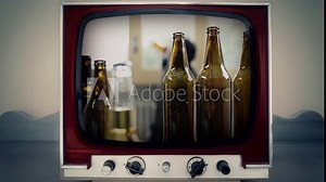A retro vintage TV showing a drunk man drinking under a row of beer bottles. Theme: alcoholism, addiction, loneliness.