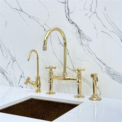 Unlacquered Brass Bridge Kitchen Faucet With Sprayer, Drinking Water Tap and Cross Handles - Etsy