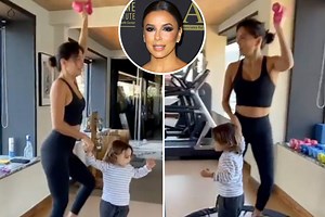 Eva Longoria, 45, flaunts fit body during home workout with son Santiago, 2