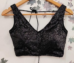 Black sequin deep V neck saree blouse readymade - saree top lehenga blouse , lehenga top - sari crop top - sari blouse - wedding wear top