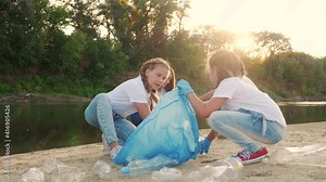 kids collecting trash volunteer a teamwork. child group happy family ecology on collects garbage plastic trash waste bottles. environmental happy family teamwork volunteer awareness trash pollution