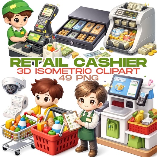 Retail Cashier Clipart - 49 PNG 3D Supermarket Scenes, Registers, Staff, Checkout - Etsy