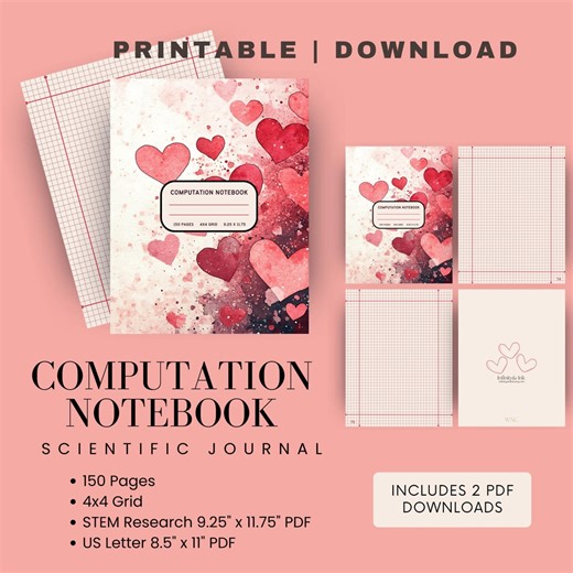 Hearts Computation Notebook | 4x4 Grid Paper Journal | Printable Lab & Engineering Notebook | 2 Sizes Included - Etsy