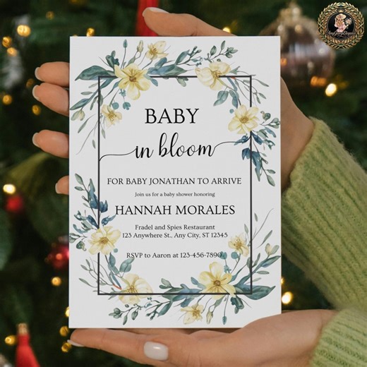 Baby Shower Invitation – Yellow Blue Watercolor Flowers, Minimal Black Frame (digital Download) - Etsy