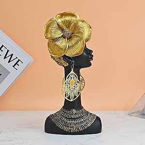 African Decor for Home - African American Art Women Statues Bust Living Room Black Gold Queen Sculpture House Table Decoration Africa Style Head Figurine Gifts for Loved Mom Wife
