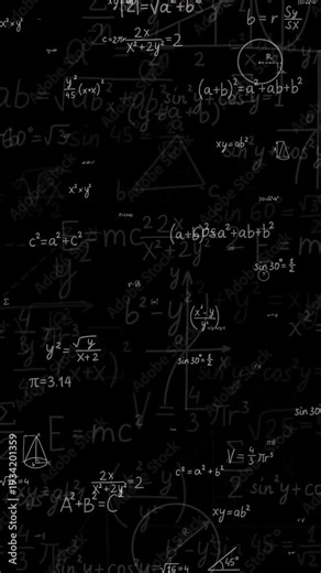 Animated mathematical formulas and geometry sketches on transparent background. Formulas appear and disappear. Handwritten white mathematical equations. Overlay for educational videos, science files.