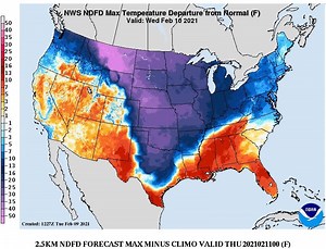 Record-setting cold air will be pouring south into the U.S. over the next several days as Arctic high pressure settles south from Canada. It'll be the coldest air of the season with high temperatures in some cases over 40 degrees below average! Bundle up! | NOAA NWS Weather Prediction Center