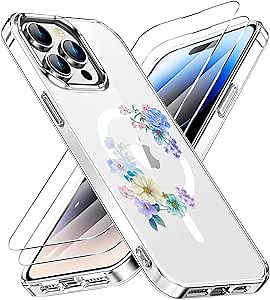 STERKER Magnetic Case for iPhone 14 Pro Case [Compatible with MagSafe] [Glass Screen Protector] [Not Yellowing Tech] Protective iPhone 14 Pro Phone Cases Slim Thin Cover 6.1", Ring Flowers