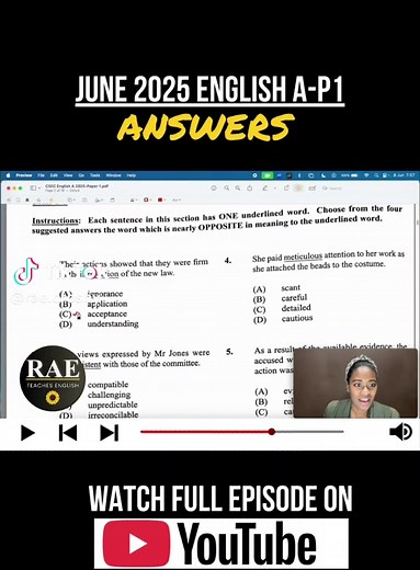 June 2025 CSEC English A Paper 1 Answers and Explanations on YT! #csec #englisha