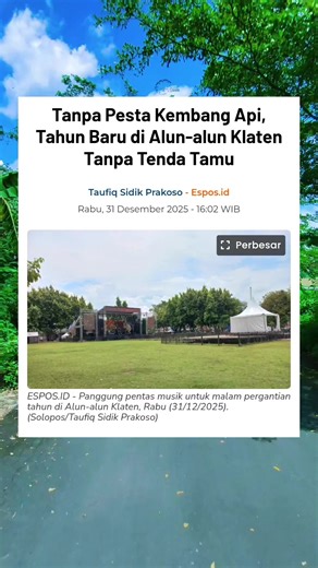 Perayaan malam pergantian tahun di Kabupaten Klaten digelar berbeda dibandingkan tahun-tahun sebelumnya. Pada malam pergantian tahun dari 2025 menuju 2026, Pemerintah Kabupaten (Pemkab) Klaten meniadakan pesta kembang api yang biasanya menjadi bagian perayaan. Perayaan malam pergantian tahun dipusatkan di Alun-alun Klaten dengan menghadirkan panggung pentas musik yang menampilkan Bondan Prakoso & Fade2Black serta Funky Kopral, Rabu (31/12/2025), mulai pukul 19.00 WIB. Selain itu, digelar car fre