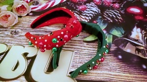 Christmas Headband for Women Pearl Knotted Headband Xmas Red Green Pearl Rhinestone Crystal Jeweled Hairband Fashion Elegant Ladies Wide Top Knot Hair Bands Headpiece Holiday Outfits Gifts (Red)