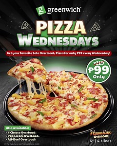 Get our Solo Overload® Pizza for only P99 during #GreenwichPizzaWednesdays! 💚🍕 You can either dine-in or take-out your order at any Greenwich stores nationwide or order through greenwichdelivery.com (Free delivery!), #5-55-55 📞, GrabFood or Foodpanda. DTI fair Trade Permit No. FTEB-164299 Series of 2023 | Greenwich Barkada