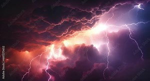 Beautiful motion lightning strikes from skies. Realistic thunderbolts lightning with dramatic clouds. Animation.