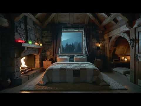 ASMR cozy castle in a heavy rainstorm with fireplace