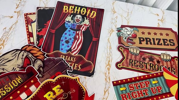 Harloon 18 Pcs Circus Party Signs Halloween Circus Sign Decor Circus Carnival Posters Circus Theme Cutouts Vintage Circus Party Decoration for Halloween Birthday Greatest Showman Themed Party Supplies