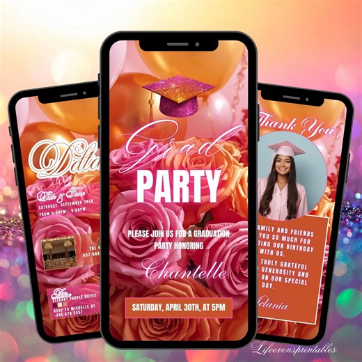 Floral Digital Graduation Ceremony Invitation Template Modern Orange, Pink Roses Graduation Party Invite Animated College Grad - Etsy