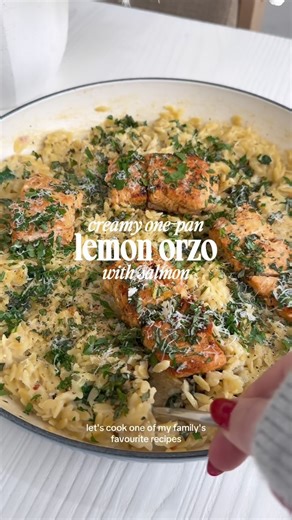 Jamie Milne on Instagram: "Creamy One-Pan Lemon Orzo with Salmon Serves 4 Salmon 4 salmon fillets (skin-on or skinless, about 4-6 oz each) I got my salmon at @wholefoods 1 tbsp olive oil (I use @getgraza or @terradelyssa) 1 tbsp paprika (I use @watkins.1868) 1 tbsp onion powder 1 tbsp garlic powder 1/2 lemon, juiced Orzo 1 shallot, diced 1 tbsp olive oil 1 tbsp garlic powder 1 tbsp onion powder 1/2 tsp chili flakes 2 tbsp butter (I use @kerrygoldusa) 2 garlic cloves, minced 2.5 cups uncooked orz