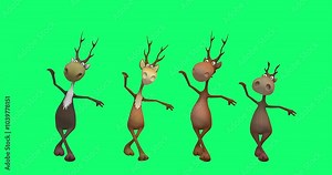 A 3D animation of four animated reindeer standing in a row, dancing, clapping, and moving rhythmically on a green screen background.