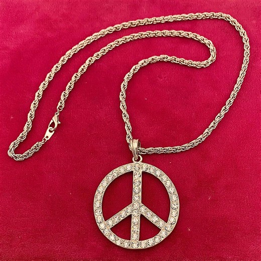 Vintage Large Rhinestone Peace Sign Symbol Necklace 24" Rope Chain Silver Tone - Gift Box - Etsy
