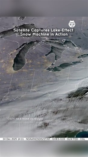 NOAA's GOES-19 satellite caught the Great Lakes doing what they do best on Thursday, creating heavy bands of Lake Effect Snow. The imagery shows bands of lake-effect snow streaming across the region as chilly air blew over the lakes. The locally heavy snow prompted snow squall warnings and Winter Weather Advisories for locations east of the lakes. | WeatherBug